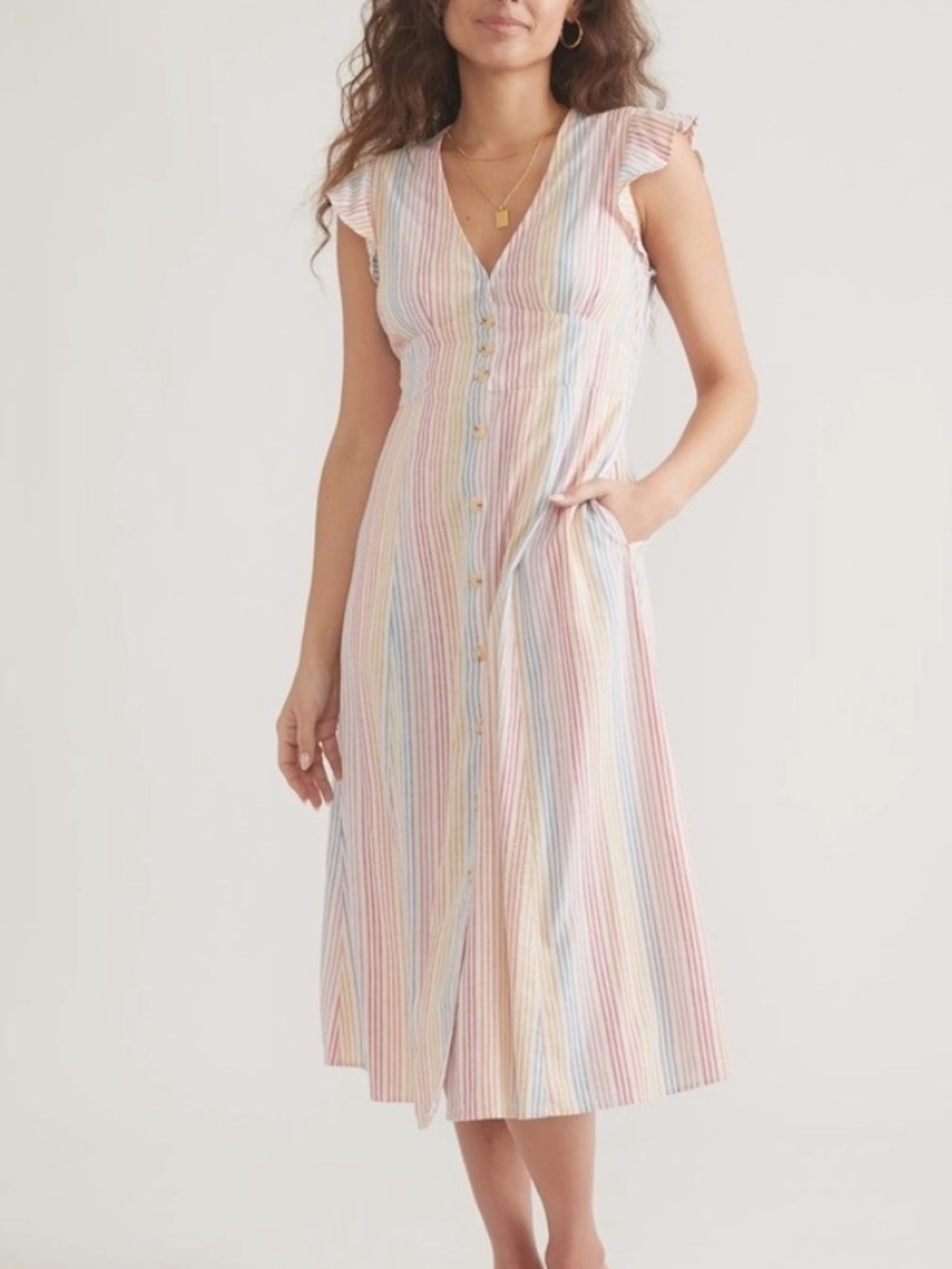 Marine Layer Camila Warm Rainbow Stripe Dress Button Front Preppy Midi Beach XL